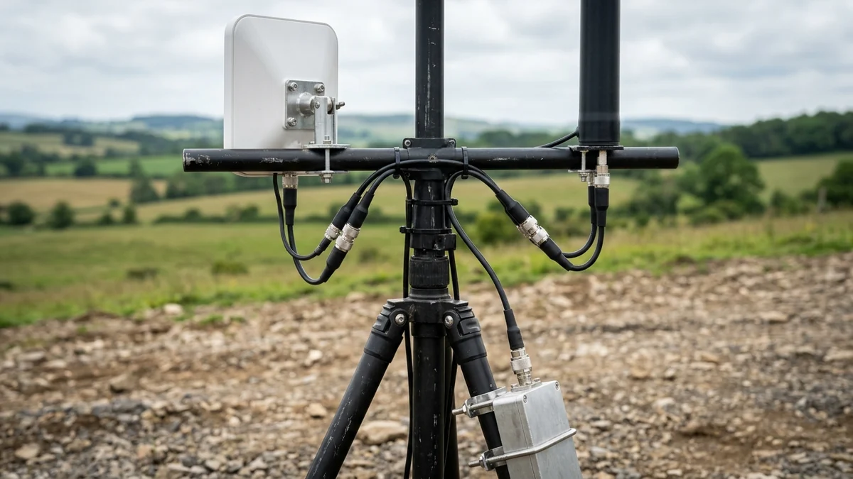 Field-deployed UAS command-and-control tripod mast holding an unmarked white directional patch antenna and black collinear omni antenna wired into an aluminum RF transceiver enclosure