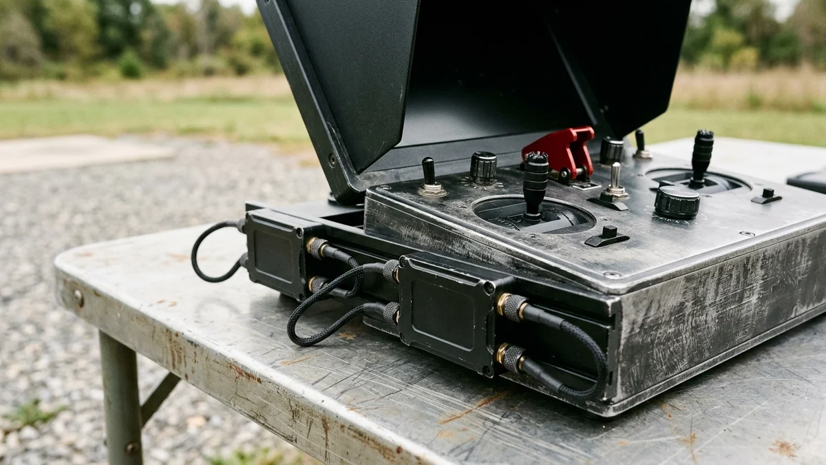 Ruggedized aluminum drone ground control station console on a field table with dual control sticks, a red guarded flight termination switch, and external RF telemetry modules