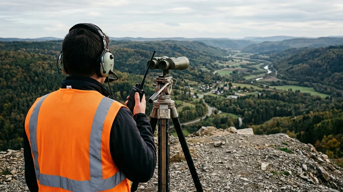 Visual observer in a high-visibility orange vest seen from behind at an elevated ridge post with a two-way radio and tripod-mounted binoculars overlooking a valley corridor