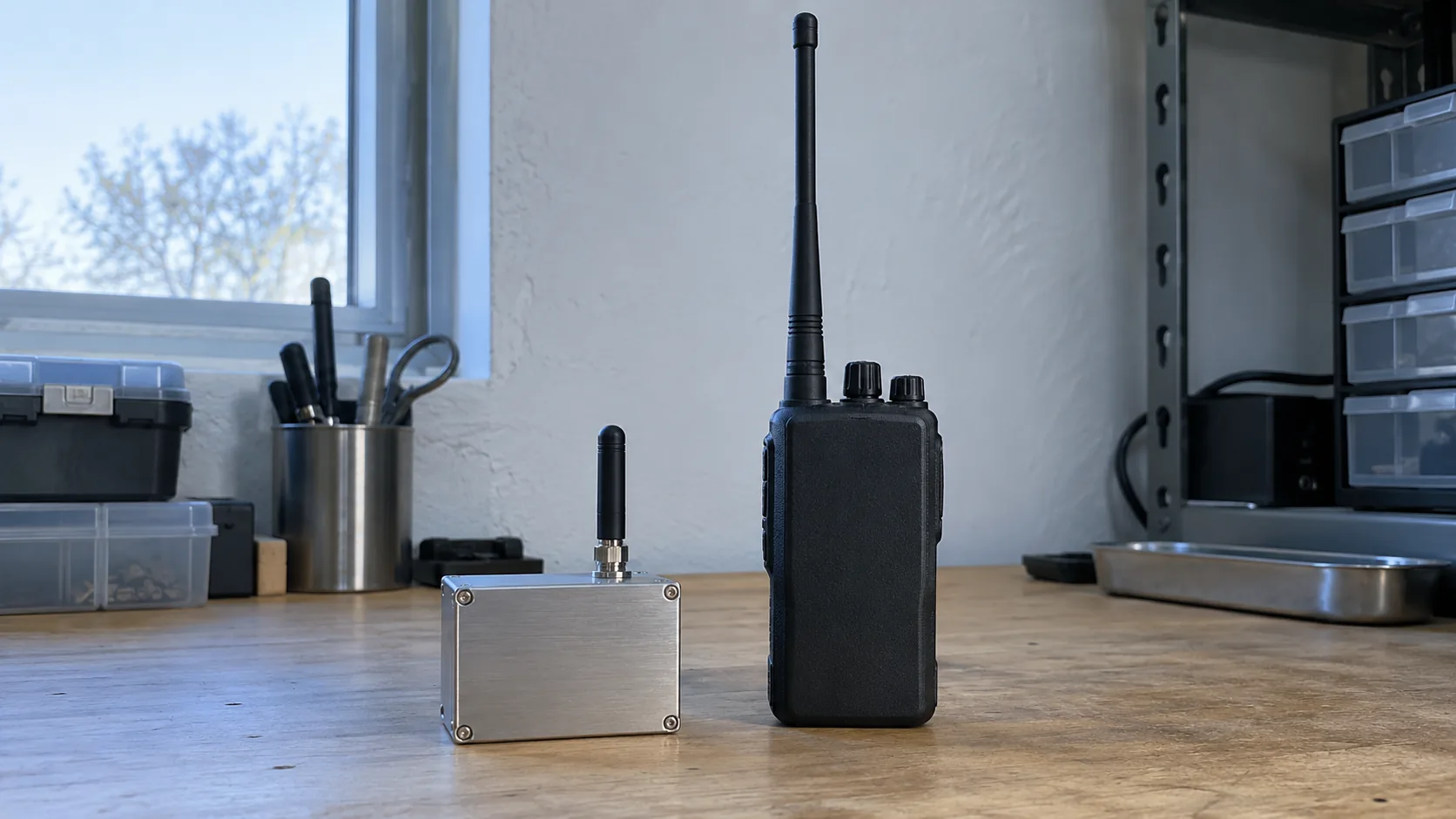 Two unmarked radios on a workbench, one with a short stub antenna and one with a longer whip