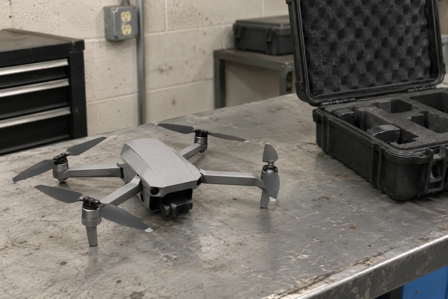 A gray quadcopter beside an open equipment case on a scuffed workshop bench