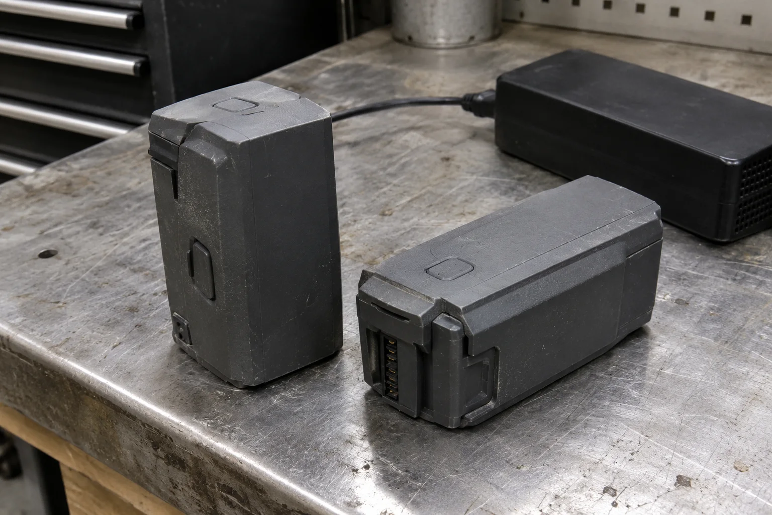 Two dark battery packs and a charger on a worn metal service bench
