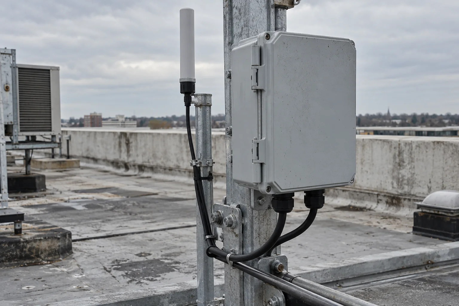 A weatherproof enclosure with cables and an antenna mounted on a rooftop rail