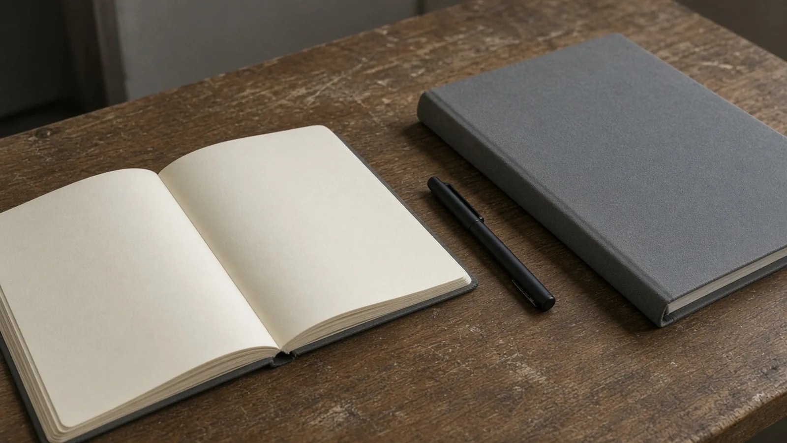 An open notebook with blank pages, a pen, and a closed gray binder on a wooden table