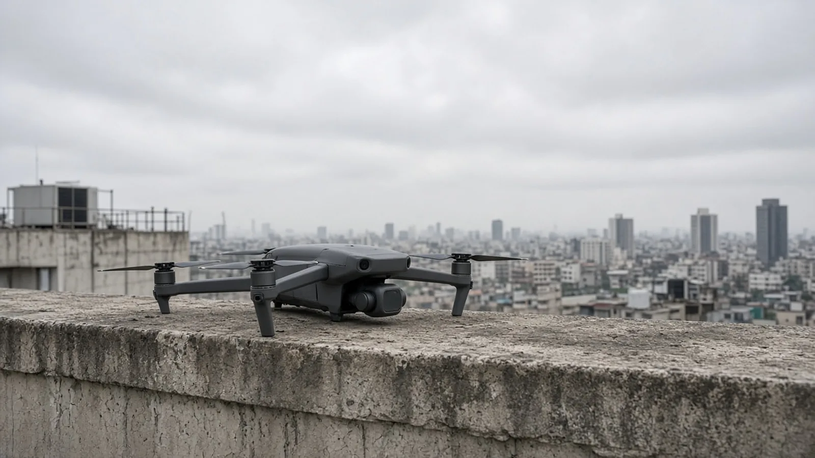 A gray quadcopter on a concrete parapet with the camera aimed at a distant skyline