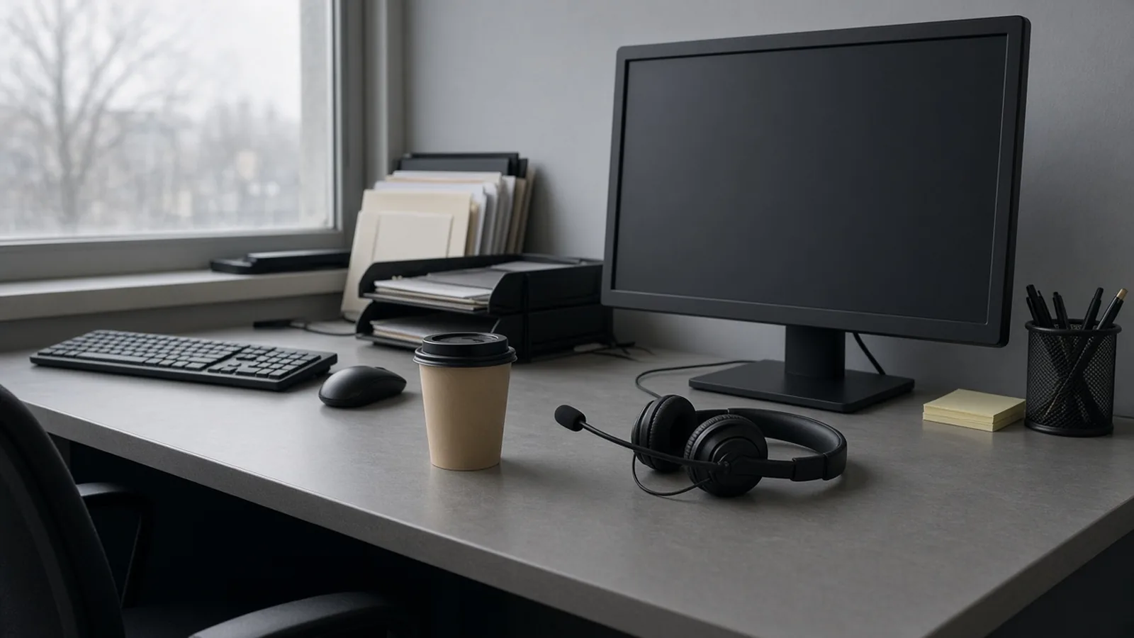 A headset and a paper cup beside a monitor that shows a blank dark screen