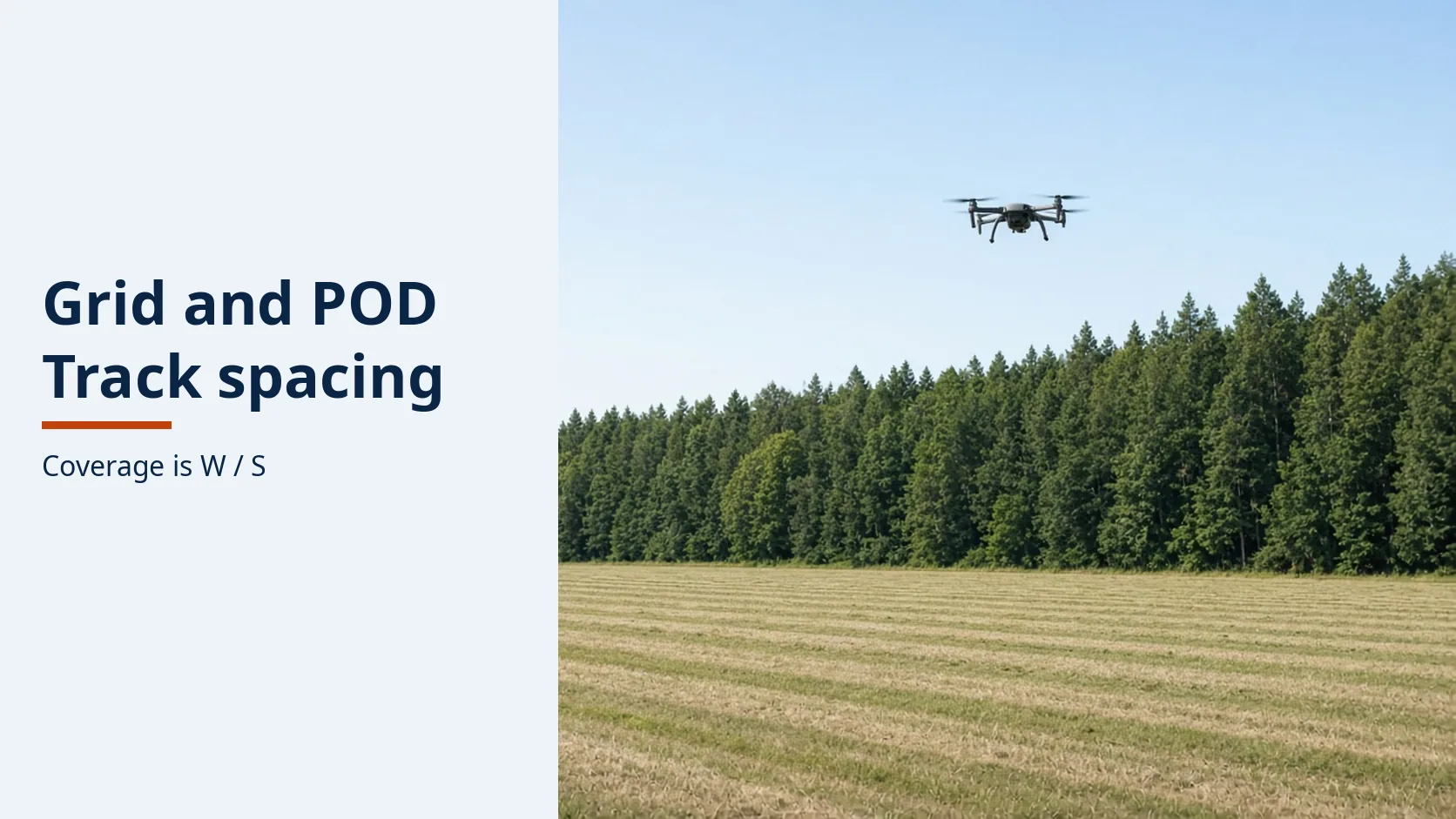 Cover reading Grid and POD, Track spacing, Coverage is W / S, beside an unmarked quadcopter over parallel mowed strips