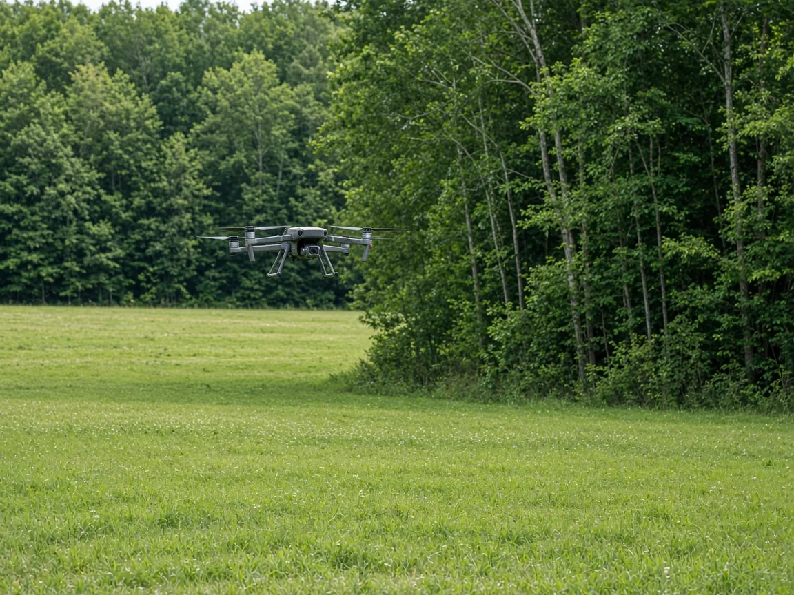 Unmarked quadcopter over open grass with a dense forest wall on the right