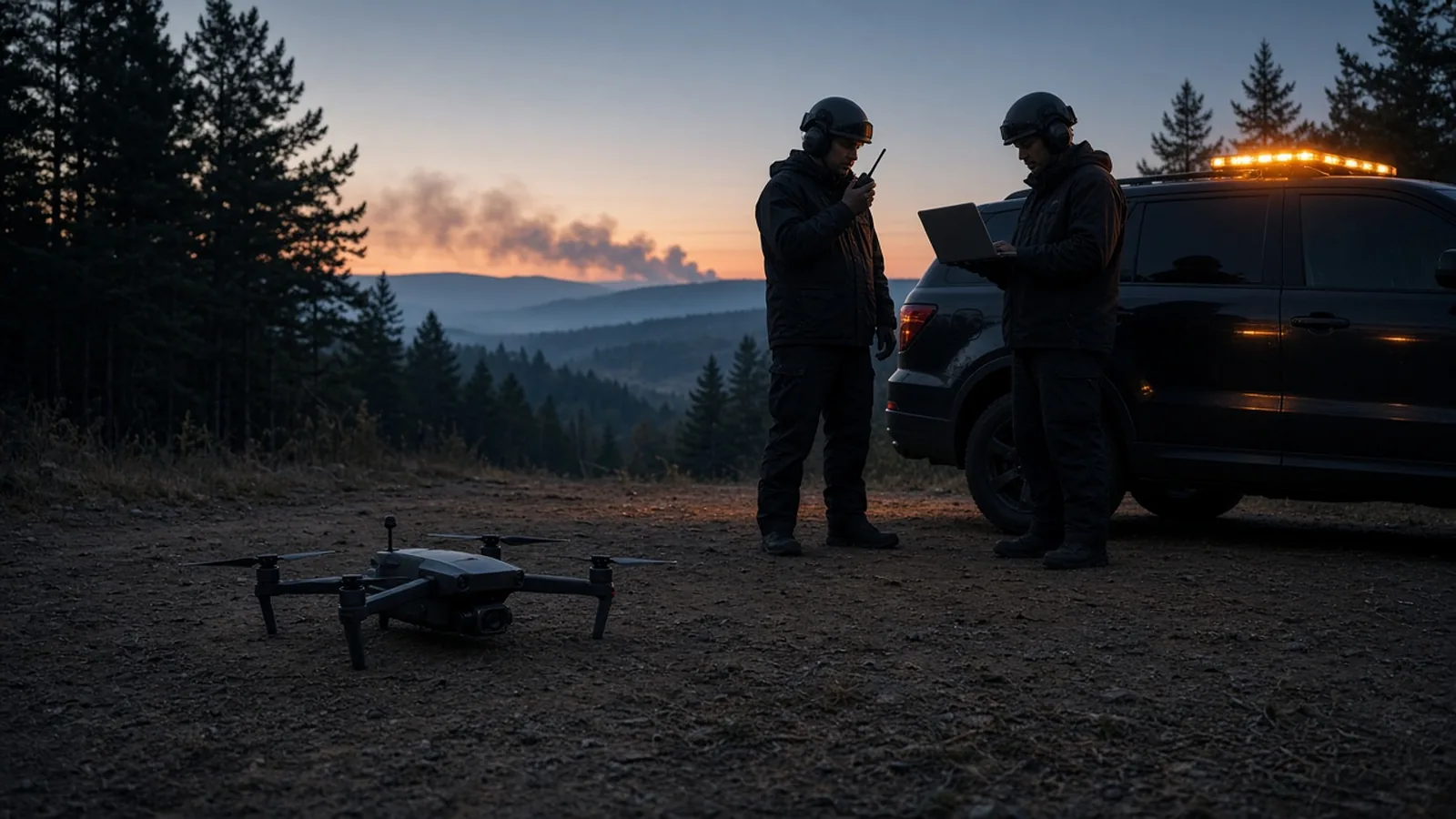 Illustration of a public-safety crew with a drone still on the ground, preparing a flight request beside a response vehicle