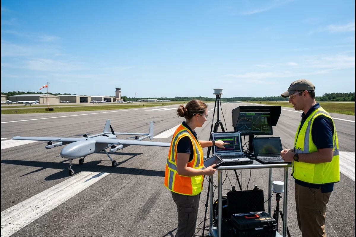 Aerospace engineers reviewing telemetry at a flight testing facility beside a fixed-wing VTOL drone on runway