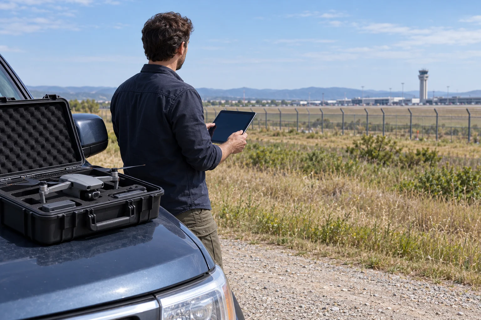 Airspace planning illustration with a packed drone and tablet outside an airport perimeter