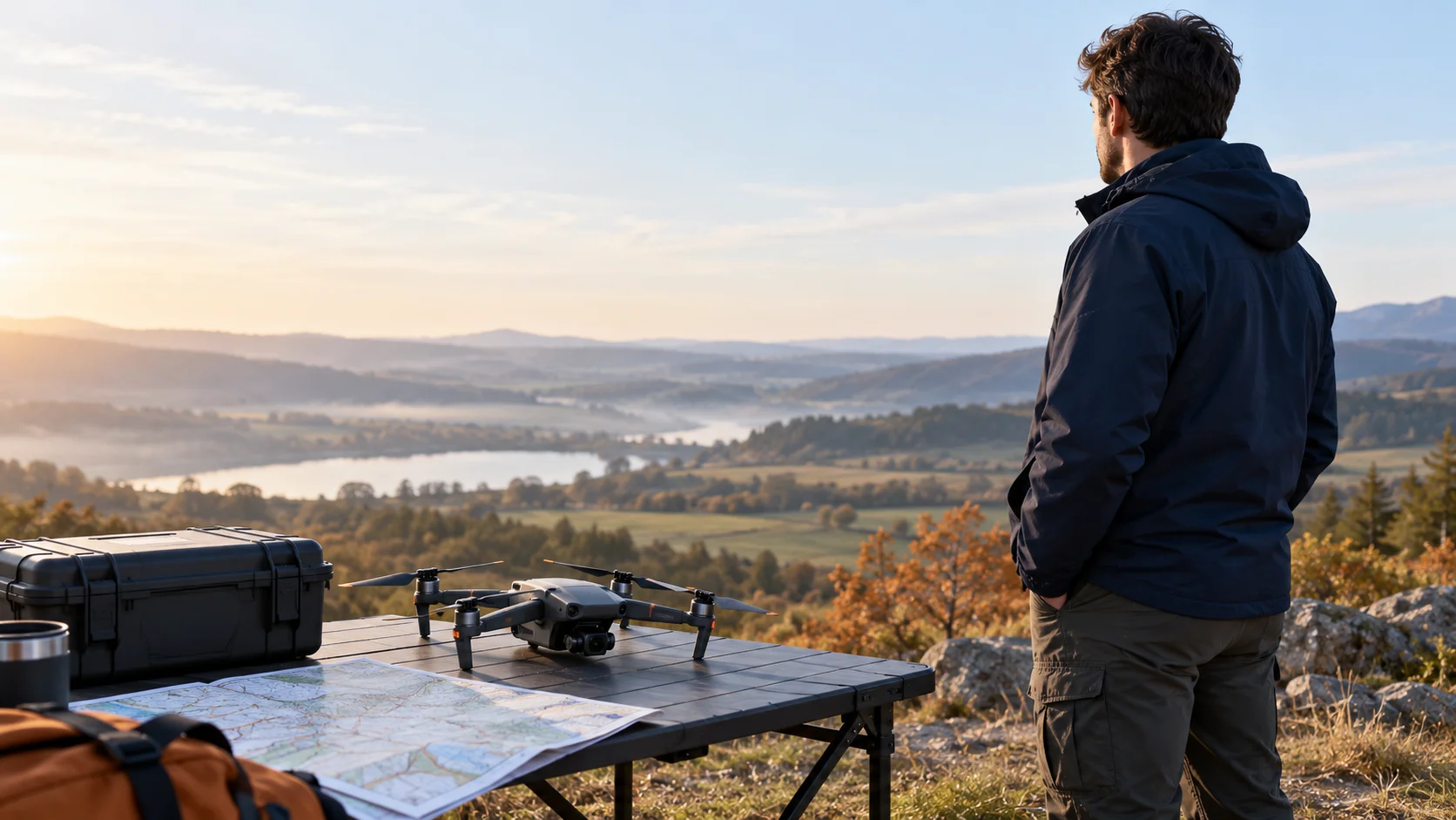 Field planning illustration with a drone, map, equipment case, and coordinator overlooking open countryside
