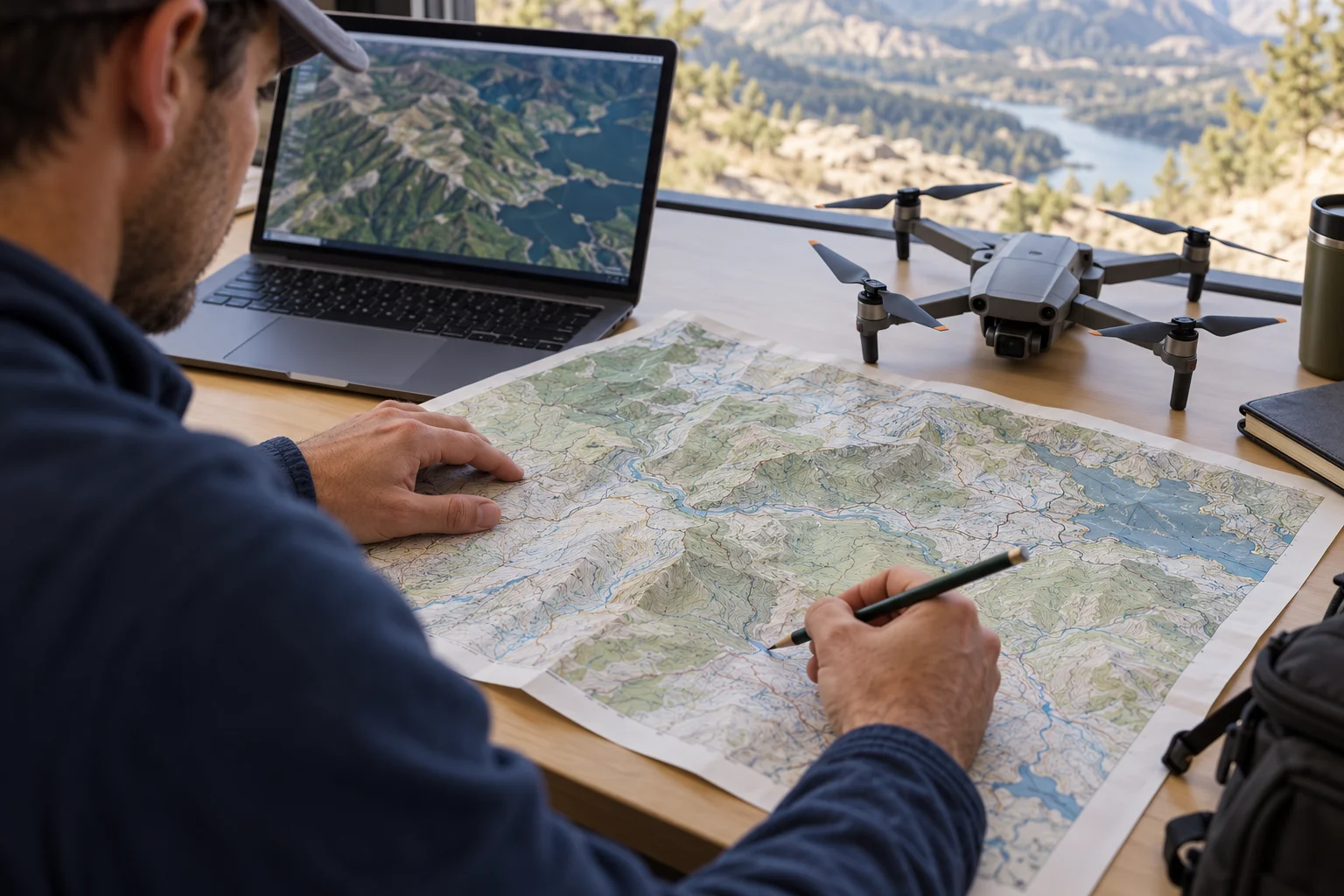 Planning illustration with a paper terrain map, laptop, and stationary drone on a desk