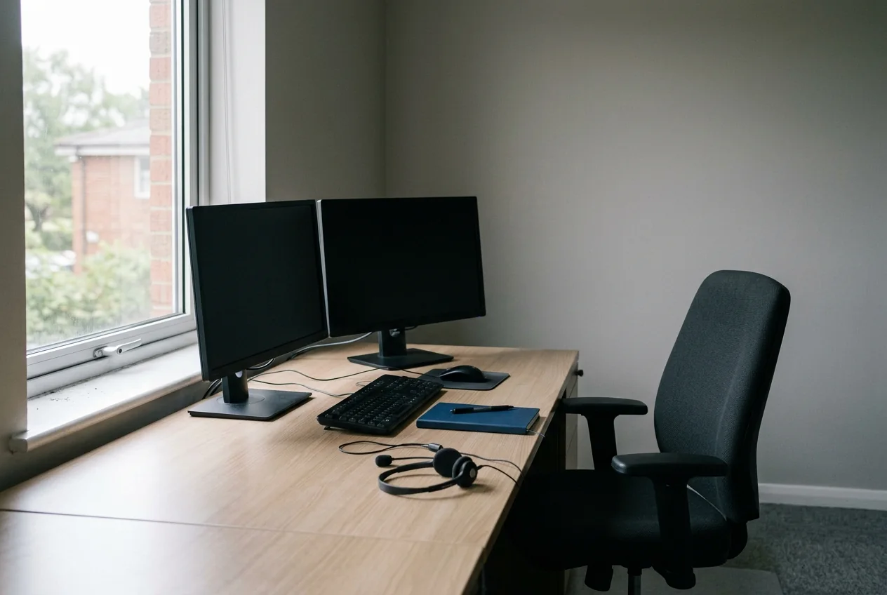 An empty office chair beside a desk with two dark monitors, a headset, keyboard and closed blue notebook