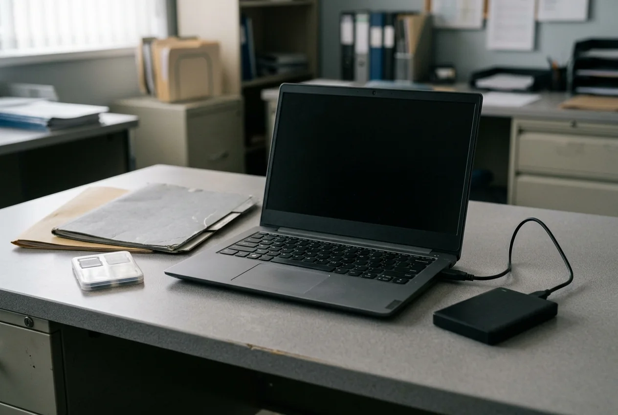 A laptop with a dark screen, connected external drive, folders and a memory-card case on a desk