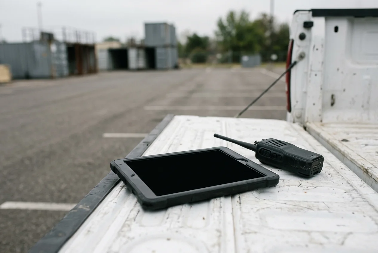A rugged tablet with a dark screen and a radio on the open tailgate of a utility vehicle