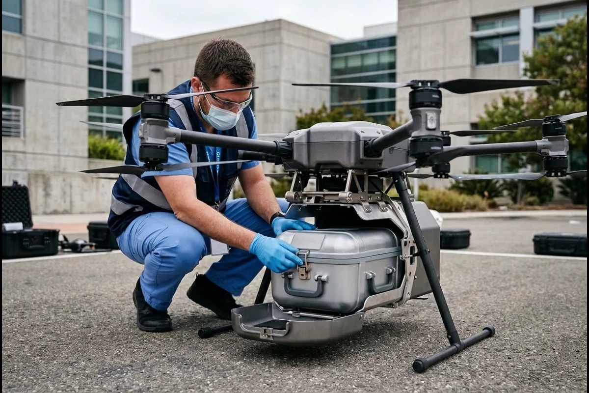 Healthcare logistics technician securing a temperature-monitored specimen container into delivery drone