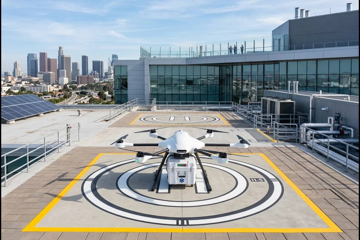 White medical delivery drone on a hospital rooftop vertiport landing pad with transport container
