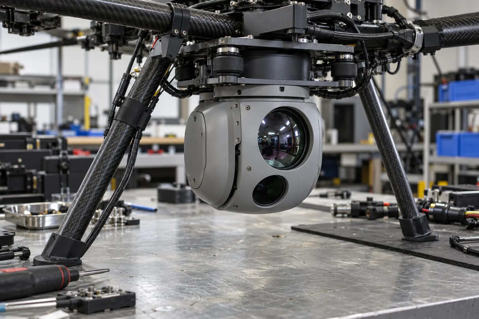 An unbranded compact dual-sensor electro-optical and infrared gimbal payload enclosure mounted beneath carbon-fiber tubular airframe rails on an aluminum bench stand