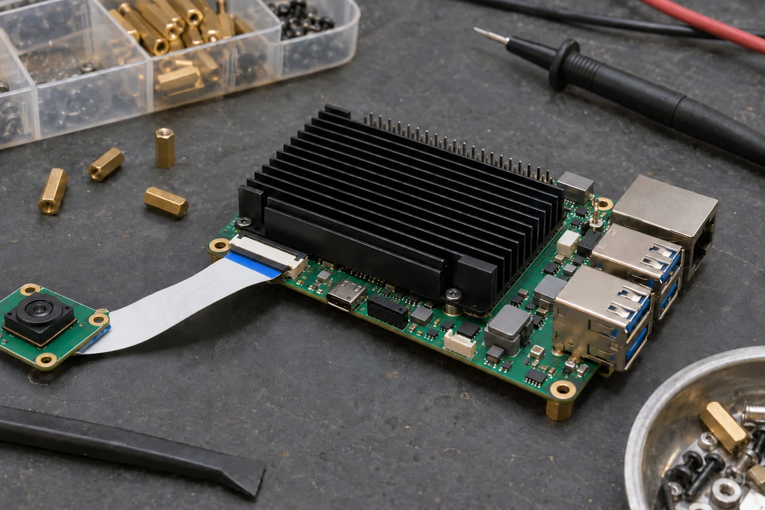 An unbranded compact embedded system-on-module carrier circuit board with a dark finned aluminum passive heatsink and ribbon connector on a dark grey anti-static mat