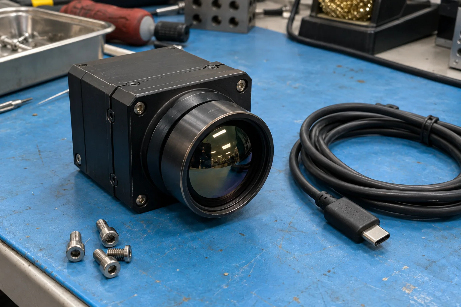 An unbranded compact thermal camera core module beside a coiled USB-C coaxial cable on a blue anti-static workbench mat