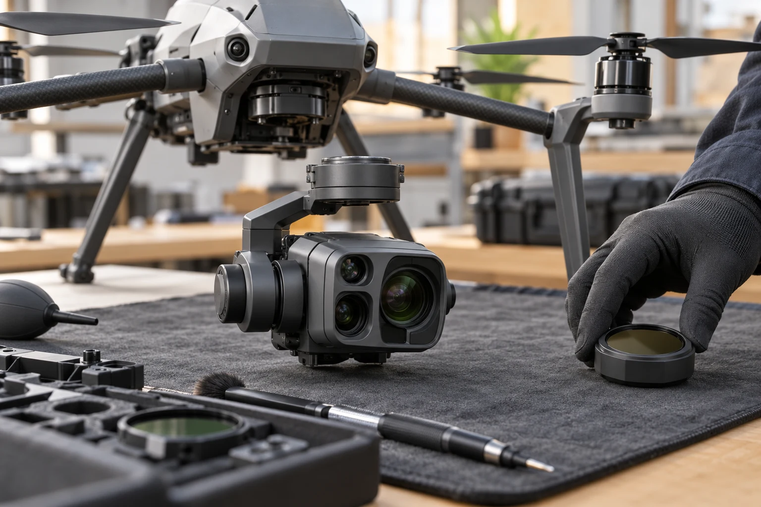 Camera gimbal and optical accessories arranged on a padded workbench