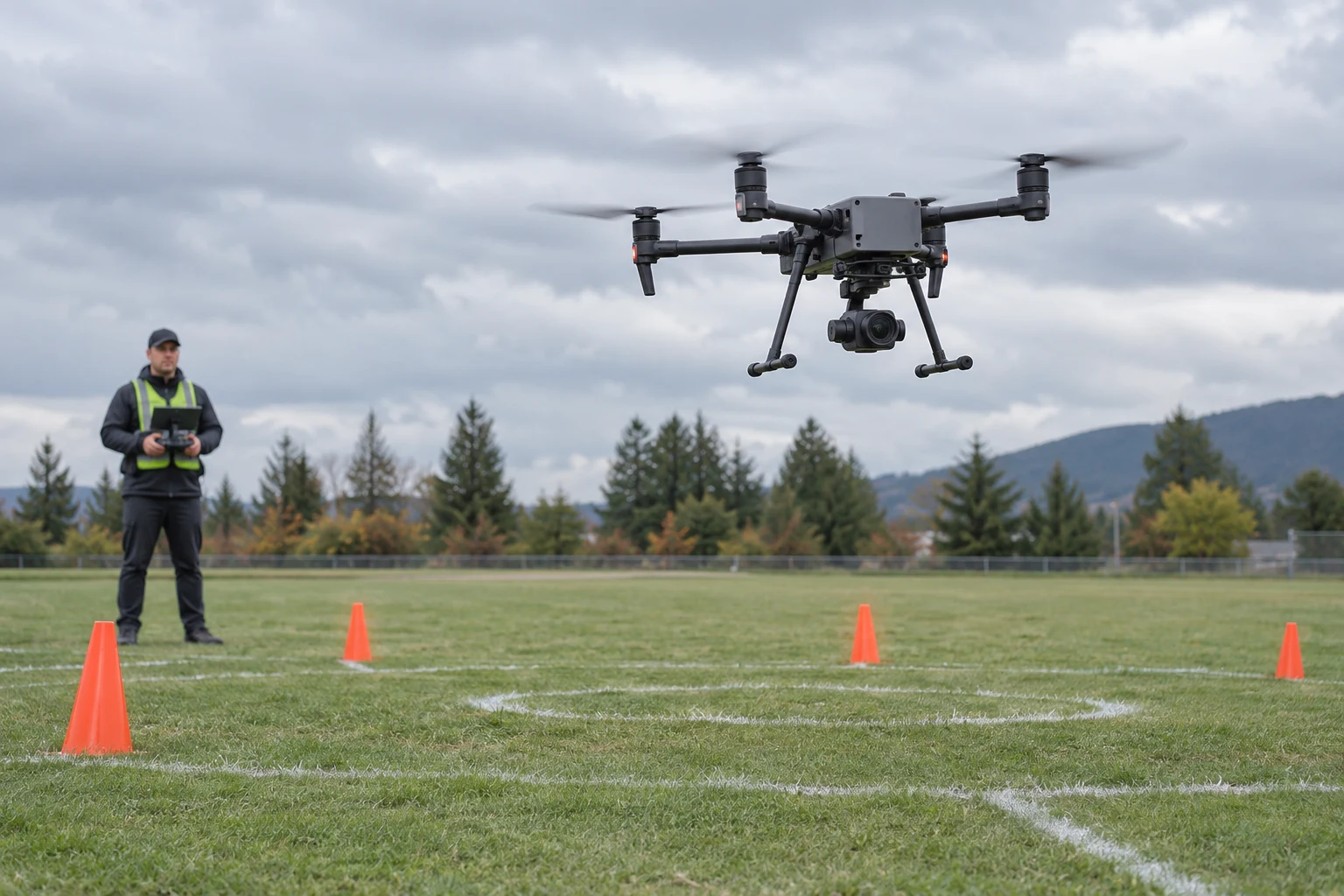 Drone with an underslung camera hovering over a marked training field