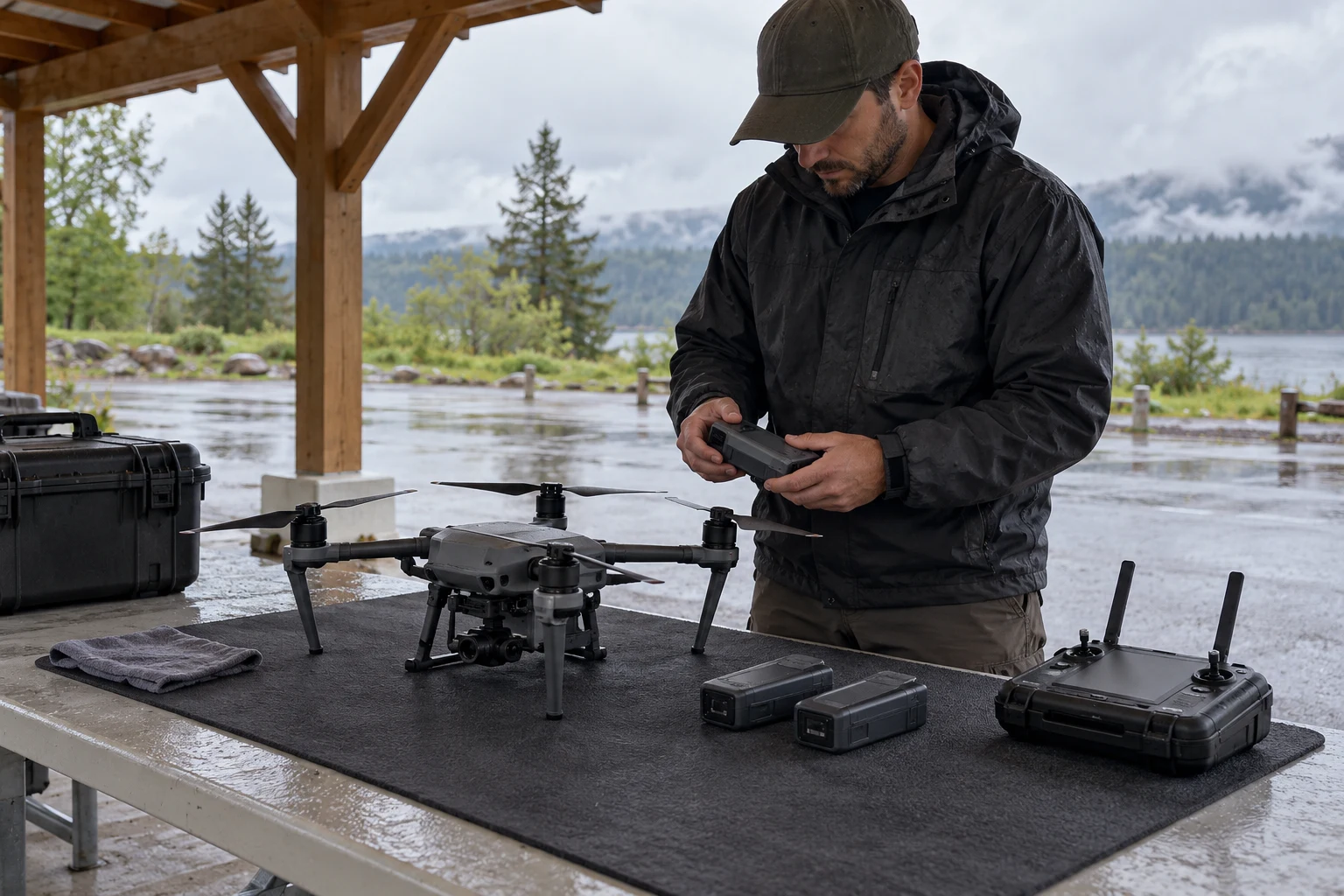 Operator inspecting a battery beside a grounded drone and controller under shelter