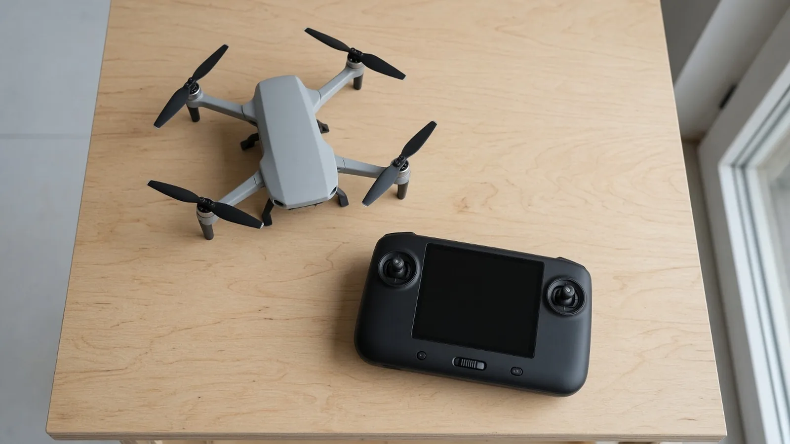 A quadcopter and a handheld controller with a dark screen on a wooden table