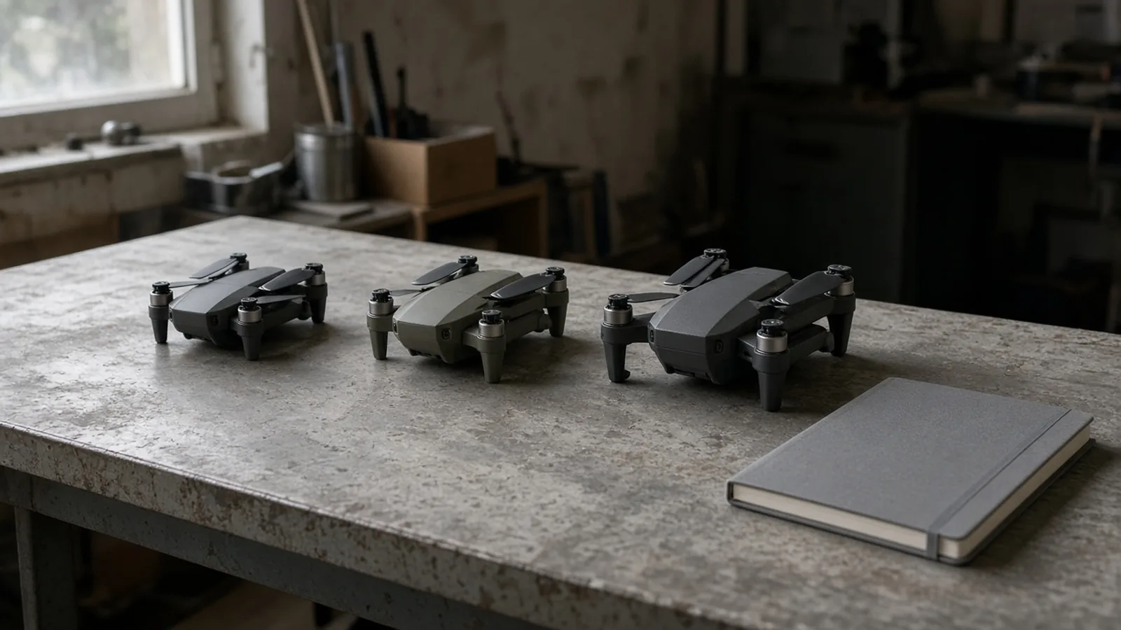 Three folded quadcopters and a closed gray notebook on a worn workbench