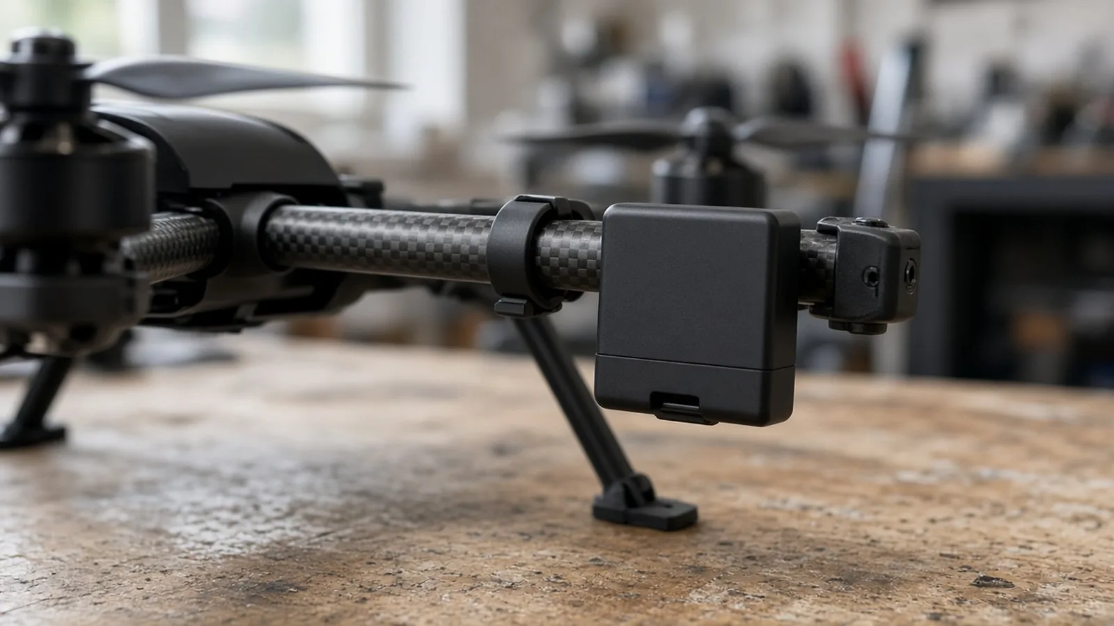 A small black module clipped to a drone arm