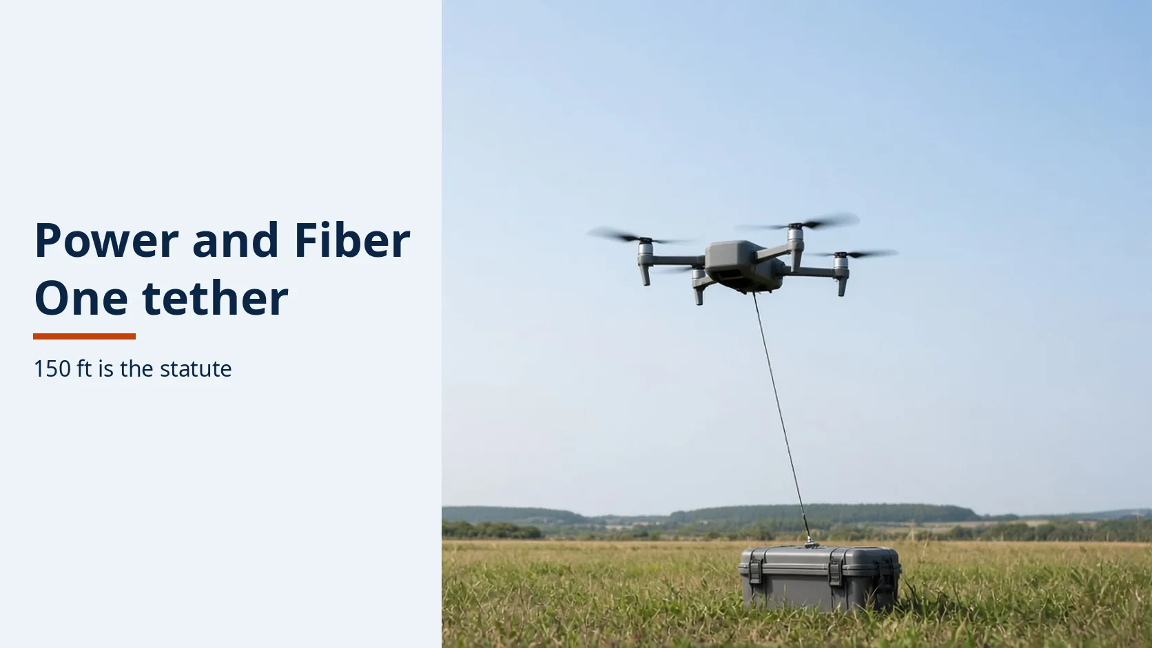Cover reading Power and Fiber, One tether, 150 ft is the statute, beside an unmarked tethered quadcopter and a gray ground case