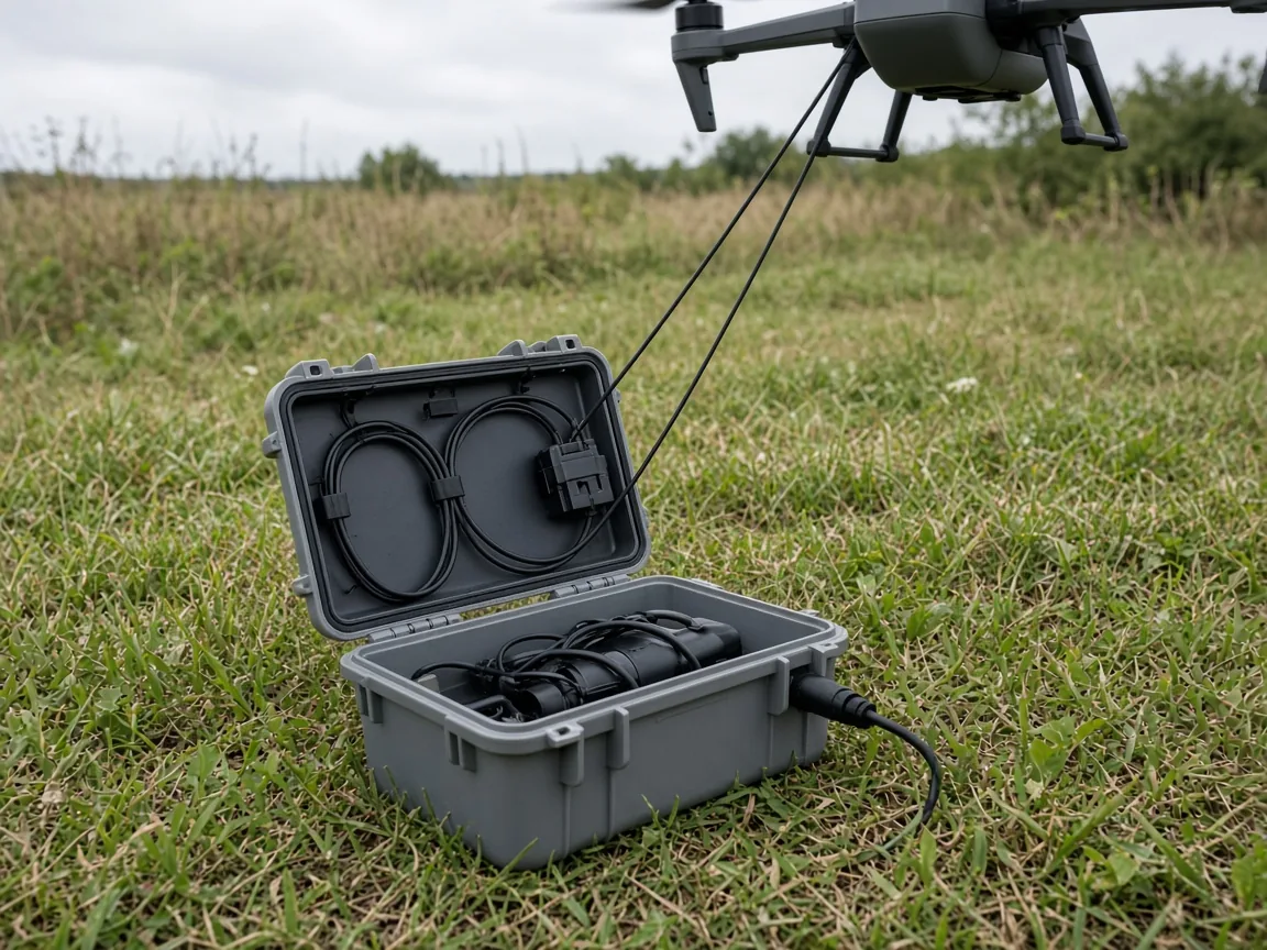 Open gray ground case with coiled cable and a line running up to an unmarked quadcopter