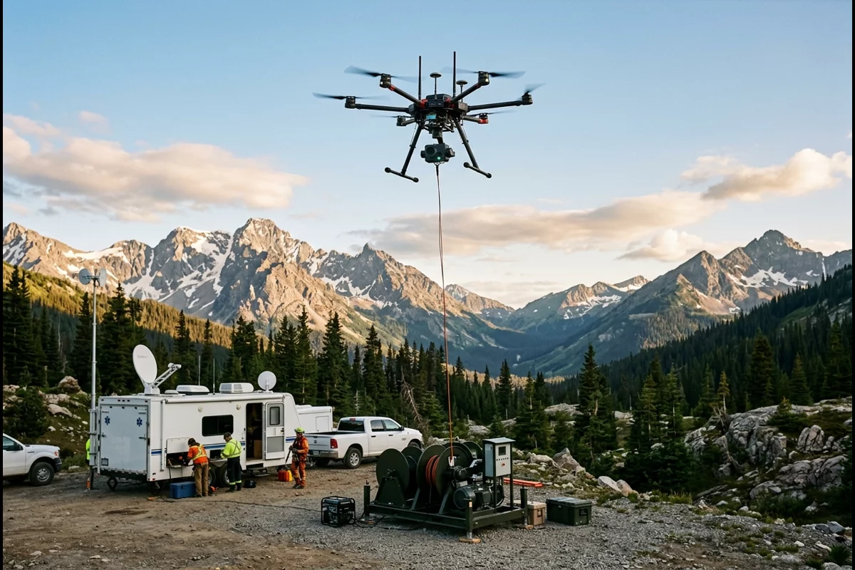 Tethered communications relay drone hovering above emergency command trailer in mountain terrain