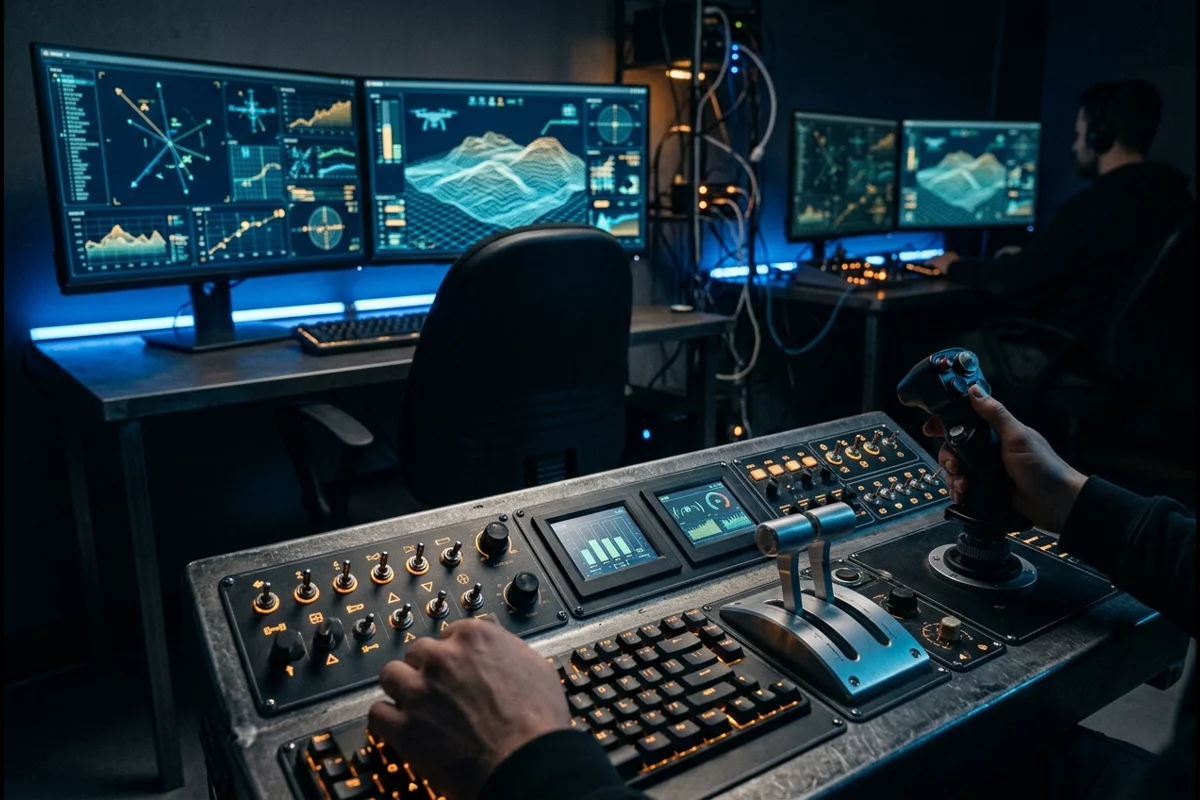 Interior view of a drone operations ground control station with dual widescreen flight telemetry displays