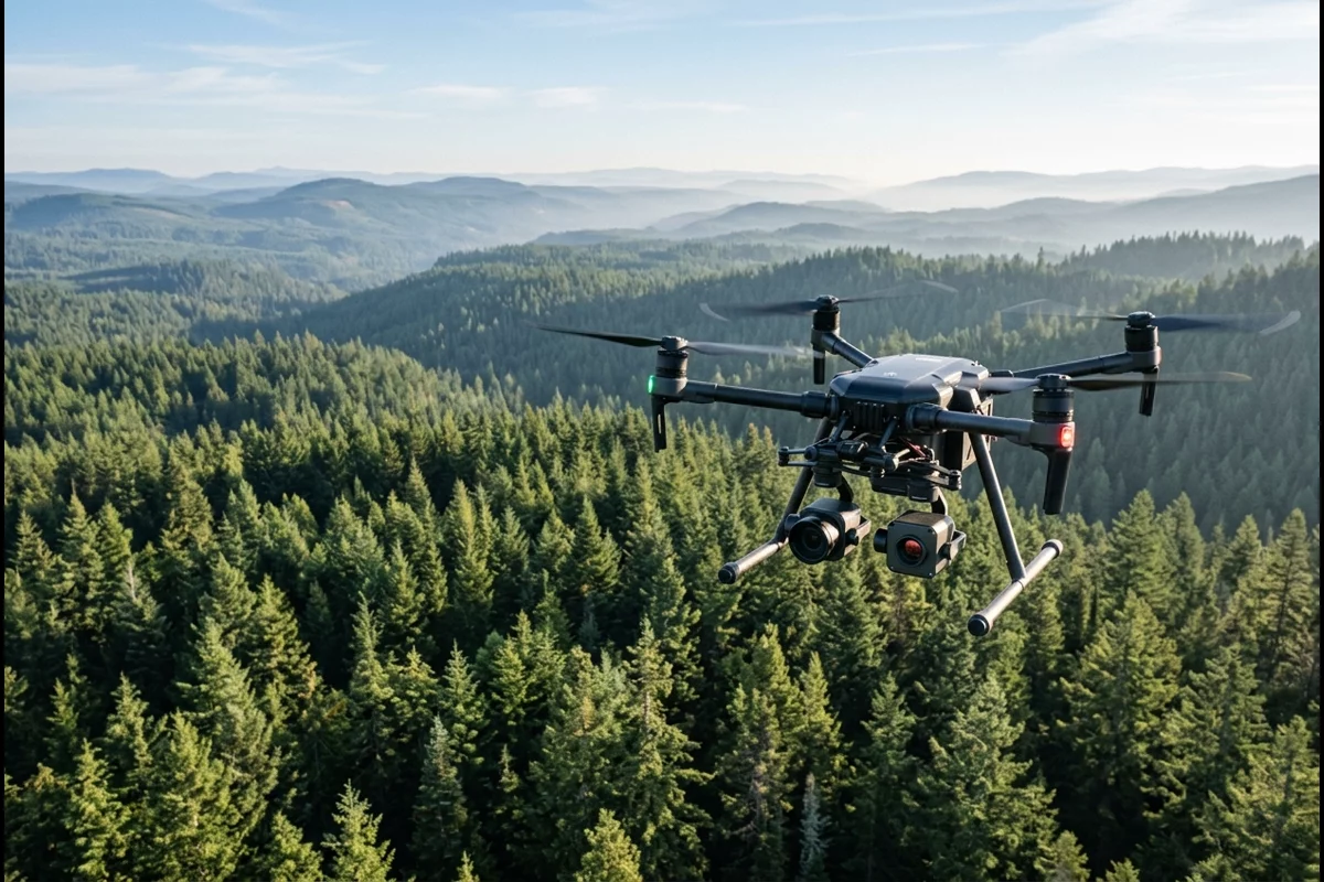 Search-and-rescue quadcopter drone with sensor pods flying a systematic grid search pattern over dense forest canopy