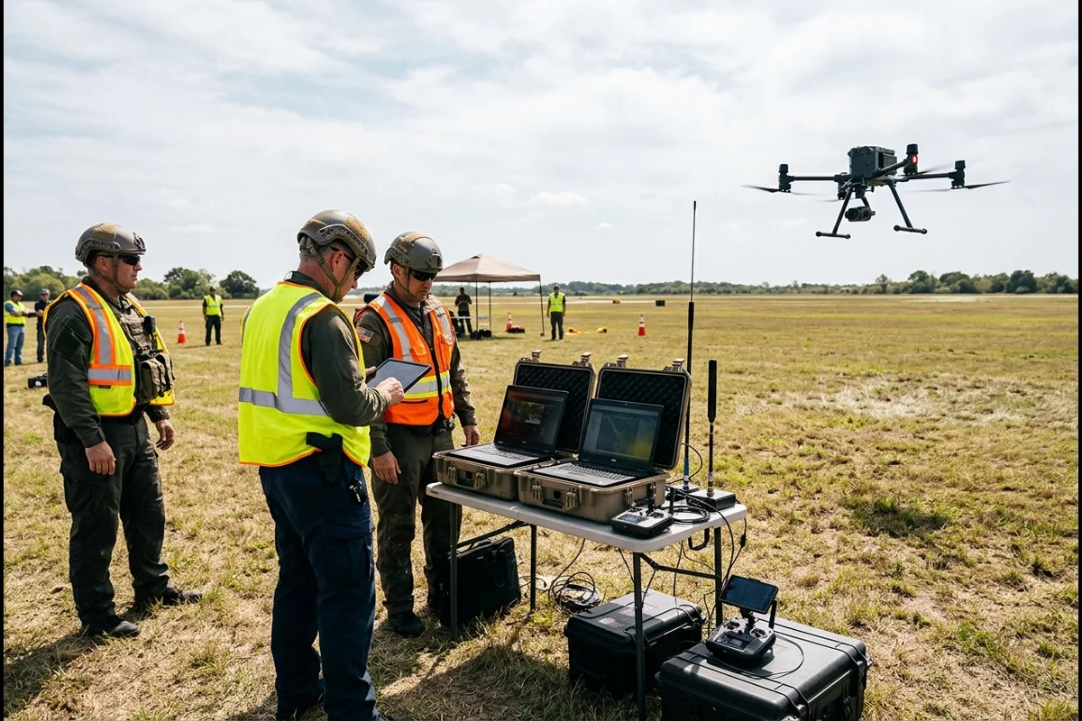 First responder teams operating search-and-rescue quadcopters at an outdoor public safety UAS challenge