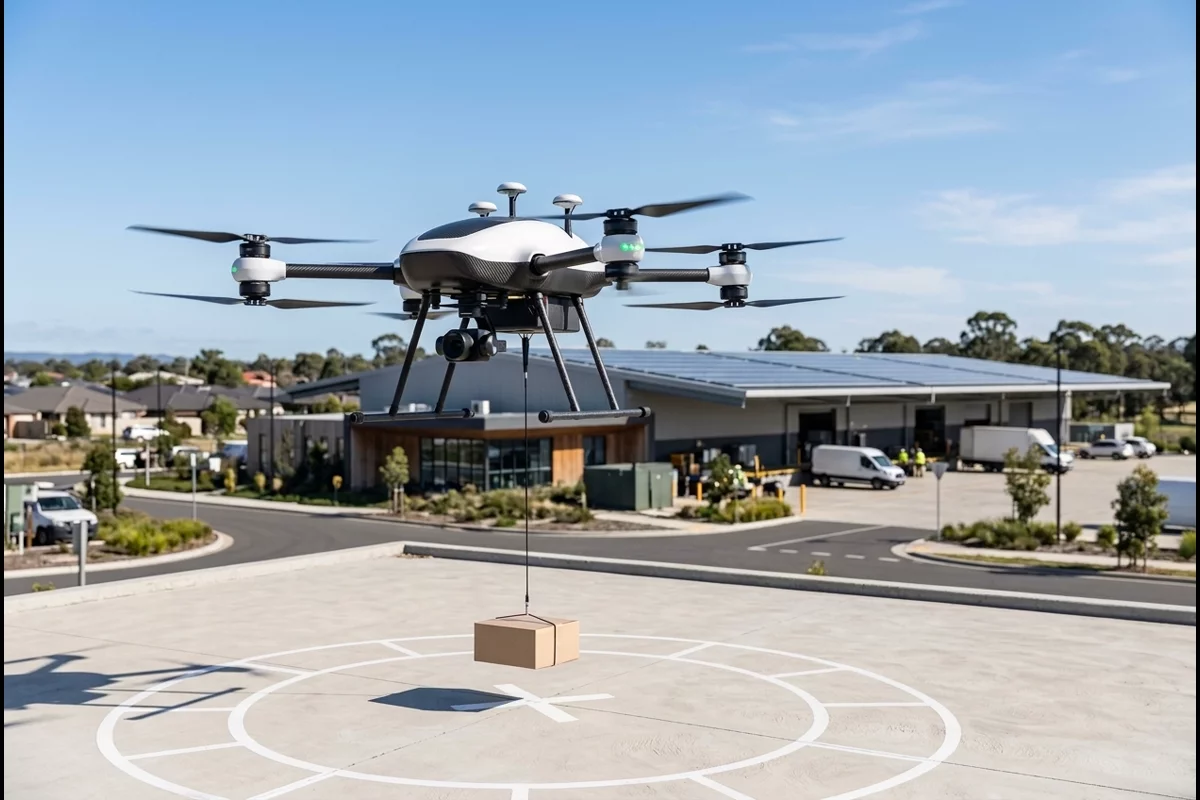 Autonomous commercial delivery drone hovering over a suburban retail depot landing pad lowering a package