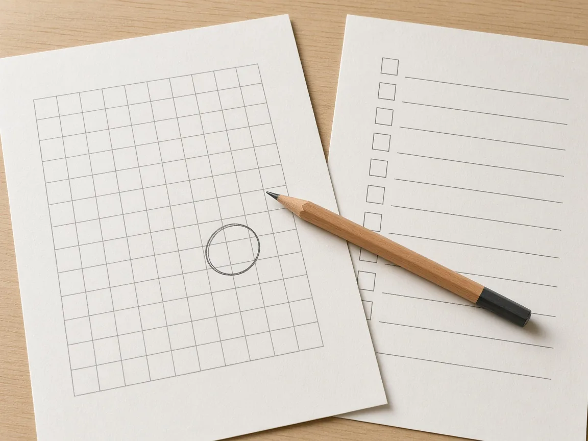Illustration of a printed grid with one square circled beside a blank paper checklist
