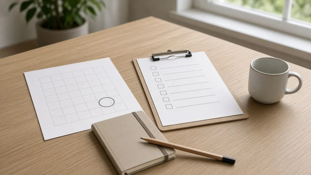 Illustration of a printed map grid and a blank checklist on a wooden desk